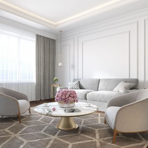 Classic white interior with sofa, armchairs, coffee table, carpet, flowers and wall moldings. 3d render illustration mockup.
